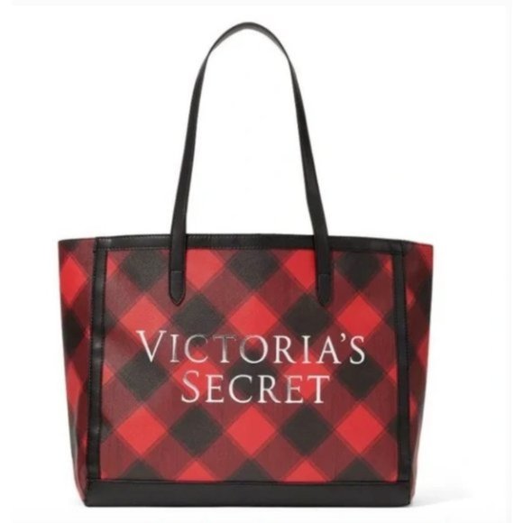 VICTORIA'S SECRET VS TOTE BAG PLAID RED BLACK CARRY ALL PURSE NWT GWP - Picture 1 of 14